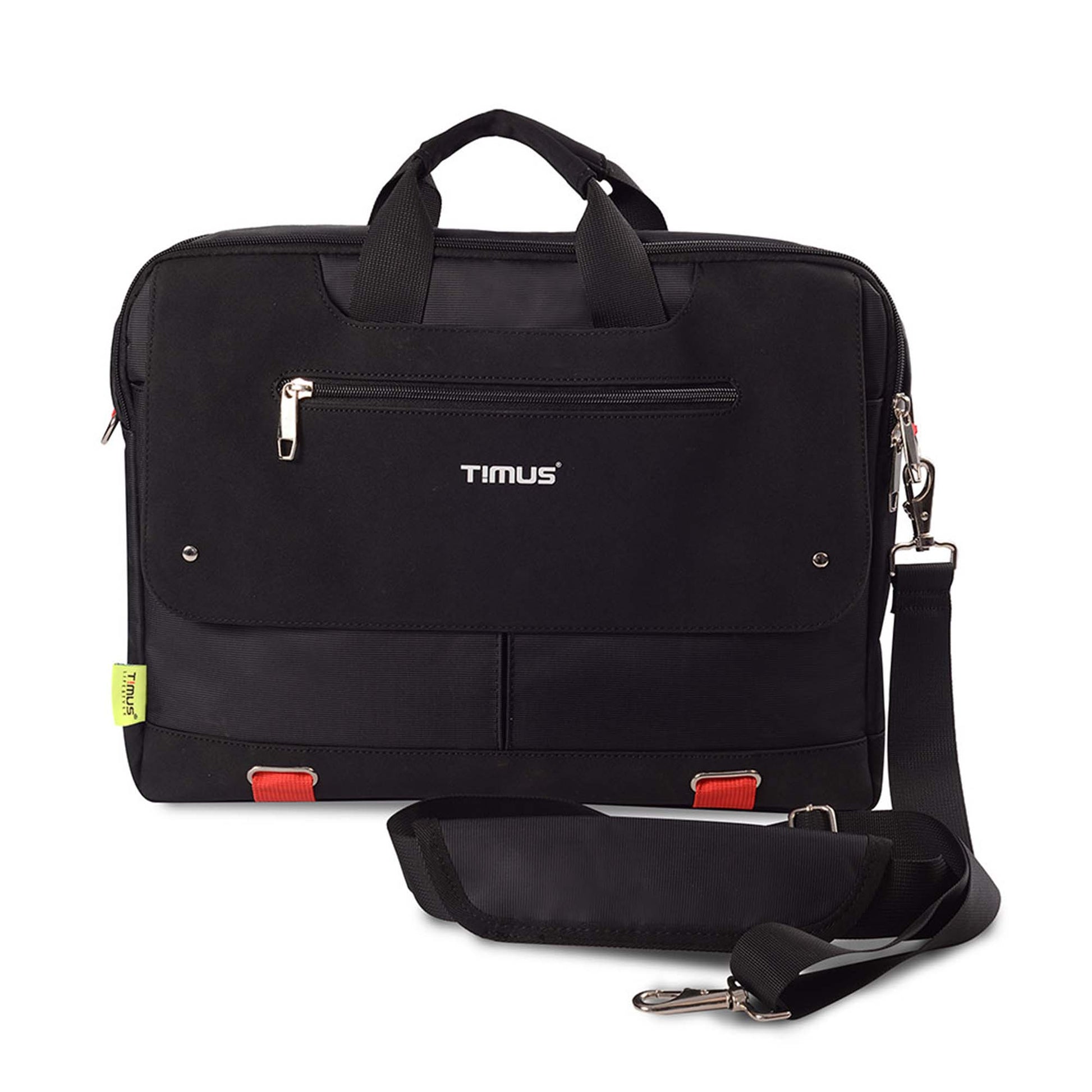Front view of black Timus New York laptop carry-on bag with front zippered pocket, brand logo in front and detachable shoulder strap displayed on a white background.