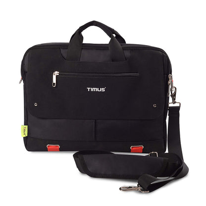 Front view of black Timus New York laptop carry-on bag with front zippered pocket, brand logo in front and detachable shoulder strap displayed on a white background.