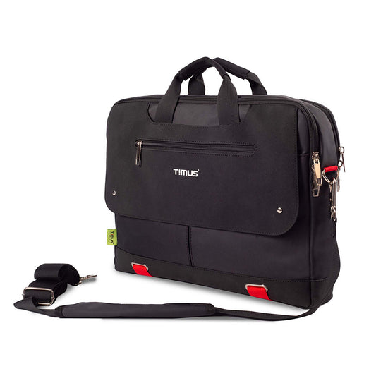 Black Timus New York laptop carry-on bag shown from a left front angled view, featuring dual top handles, front zippered pocket with Timus logo, red accent tabs near the base, and a detachable padded shoulder strap laid out in front.