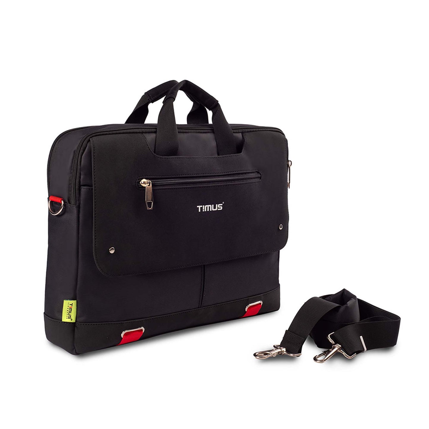 Black Timus New York laptop carry-on bag shown from the right front angled view with detachable shoulder strap placed beside the bag on a white background.