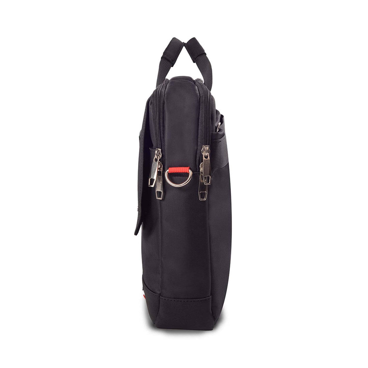 Side view of black Timus New York laptop carry-on bag showing dual zipper compartments and top handles on a white background.