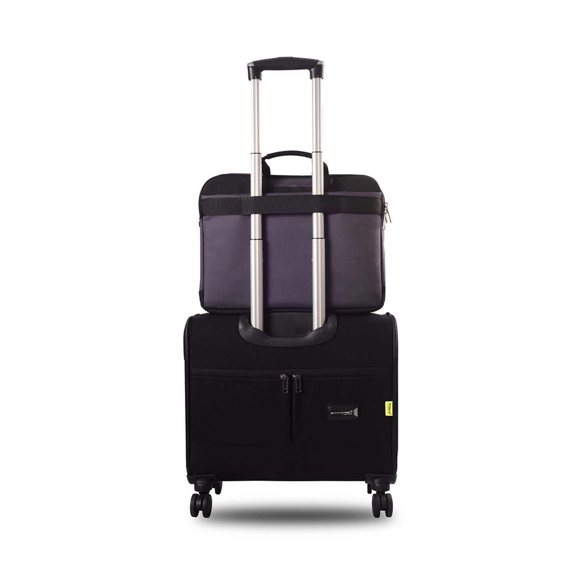 Back view of purple Timus New York laptop carry-on bag with visible Timus logo, securely attached to the handle of a black rolling suitcase with dual spinner wheels on a white background.