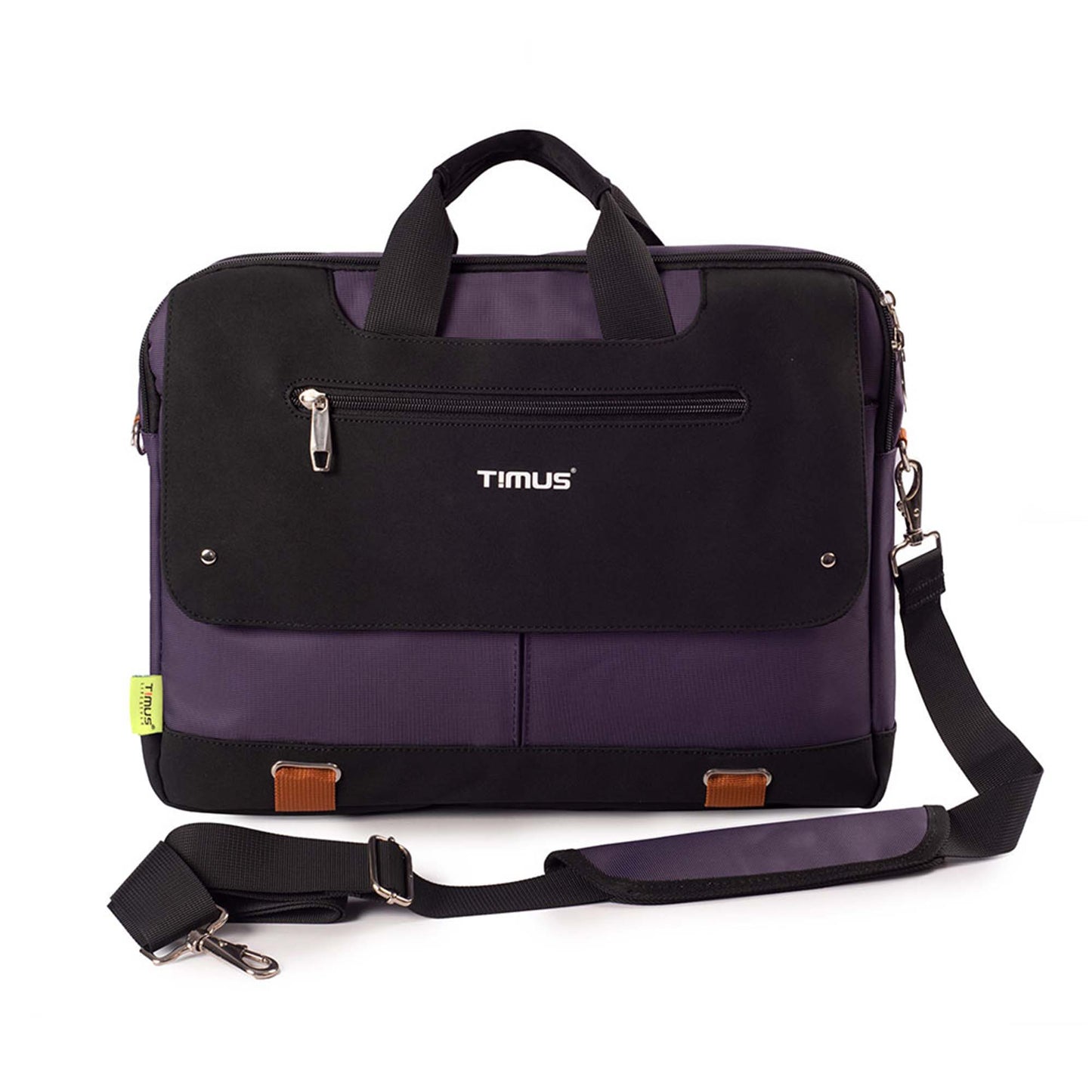 Front view of purple Timus New York laptop carry-on bag with visible Timus logo on the front zippered pocket with side yellow tag, brown accent tabs, and detachable shoulder strap displayed on a white background.