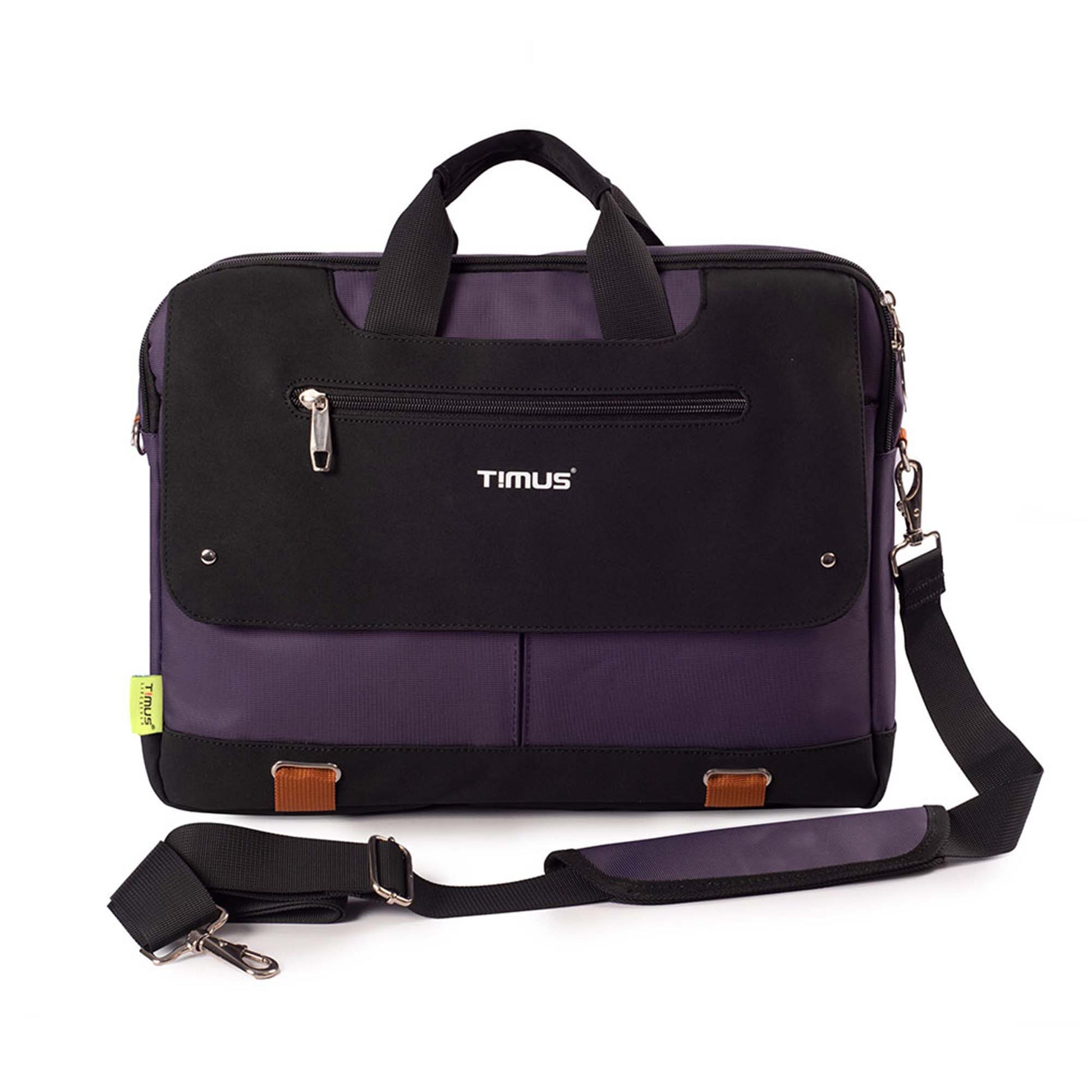 Front view of purple Timus New York laptop carry-on bag with visible Timus logo on the front zippered pocket with side yellow tag, brown accent tabs, and detachable shoulder strap displayed on a white background.