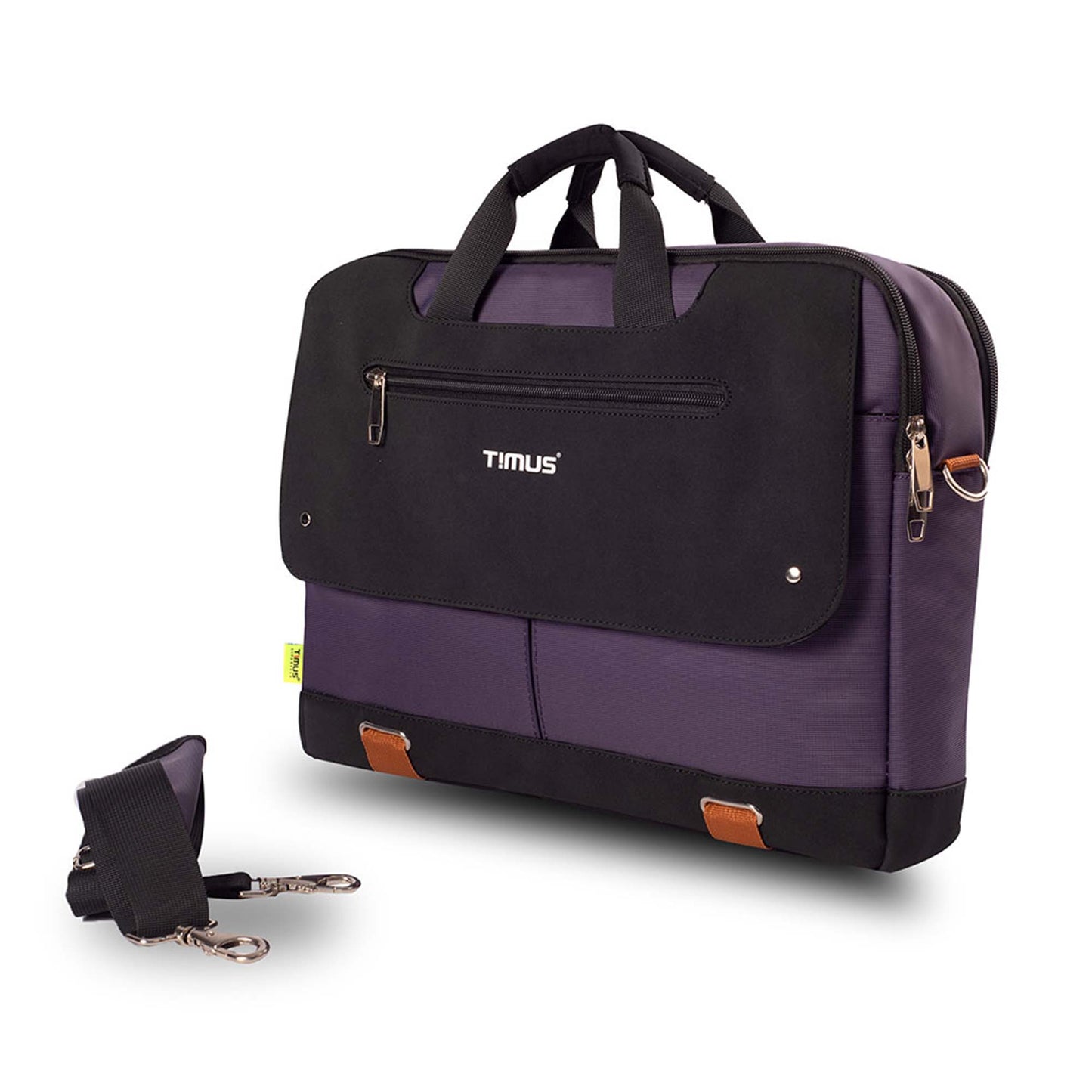 Purple Timus New York laptop carry-on bag shown from the left front angled view, featuring dual top handles, front zippered pocket with Timus logo, brown accent tabs near the base, and a detachable shoulder strap placed beside the bag on a white background.
