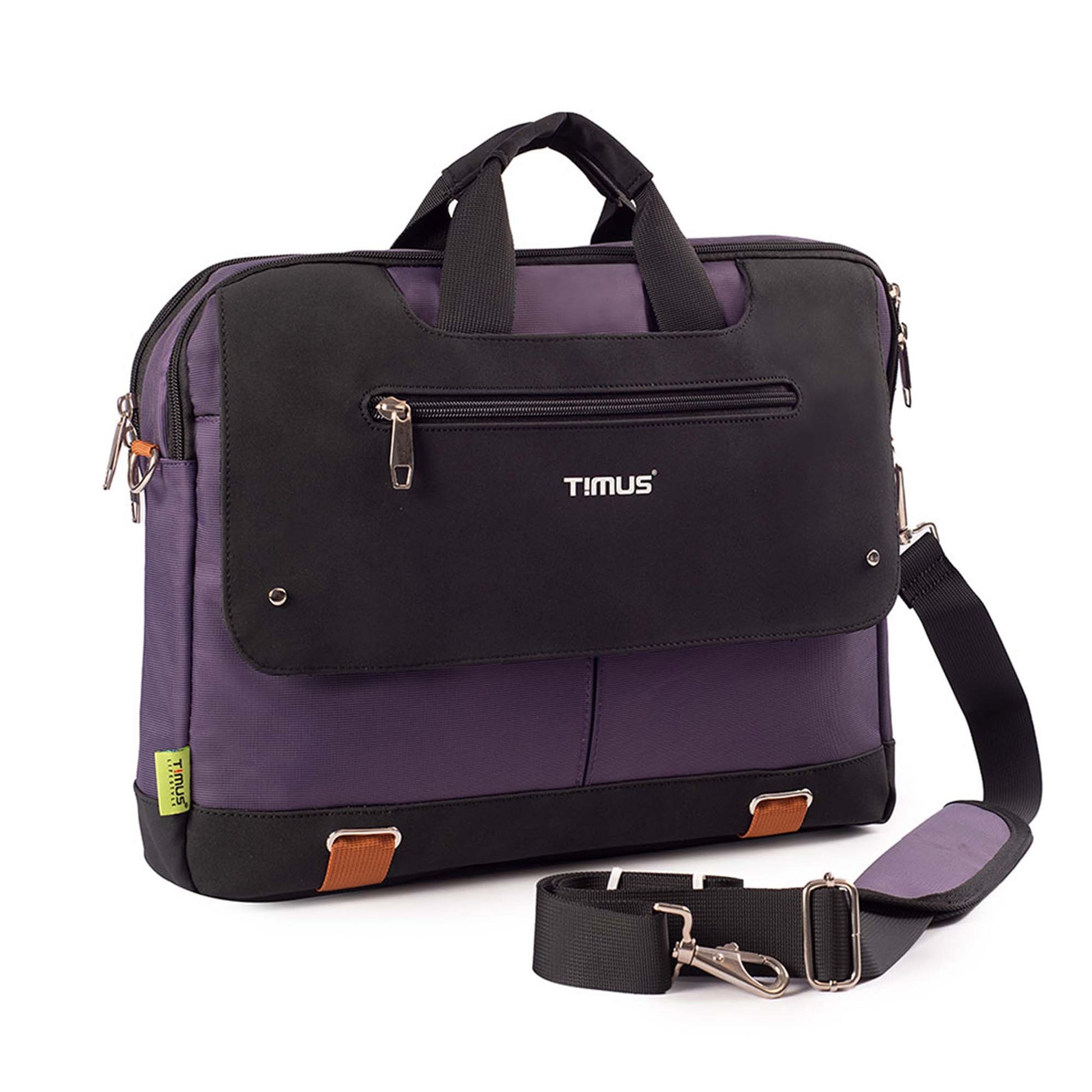 Right front angled view of purple Timus New York laptop carry-on bag with visible Timus logo, dual top handles, brown accent tabs near the base, and detachable shoulder strap placed beside the bag on a white background.