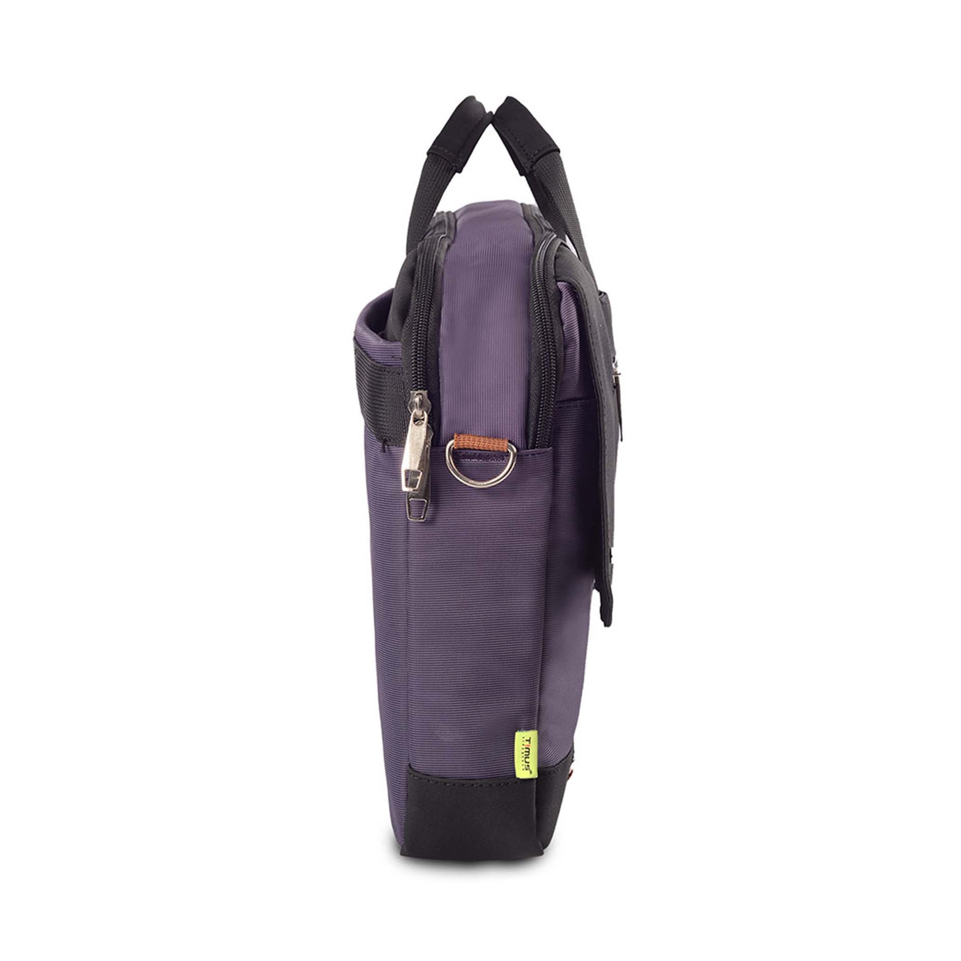 Side view of purple Timus New York laptop carry-on bag showing dual zippered compartments, brown D-ring detail, black bottom panel, and yellow Timus brand tag on a white background.