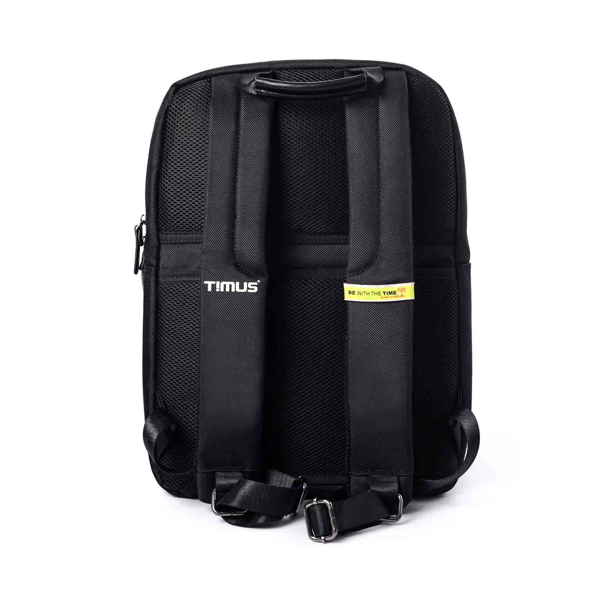 Backside view of Timus Oslo black professional laptop backpack showing padded adjustable shoulder straps with Timus branding, breathable mesh back panel and top carry handle.