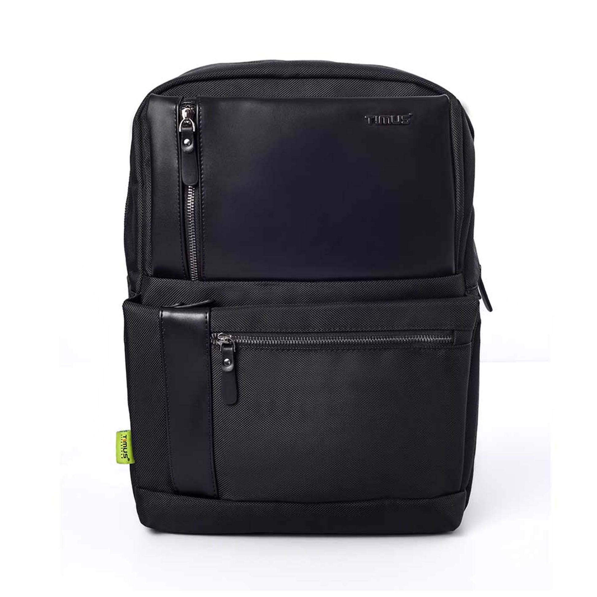 Front view of Timus Oslo black professional laptop backpack with zippered front compartments and visible Timus branding on front panel and side label.