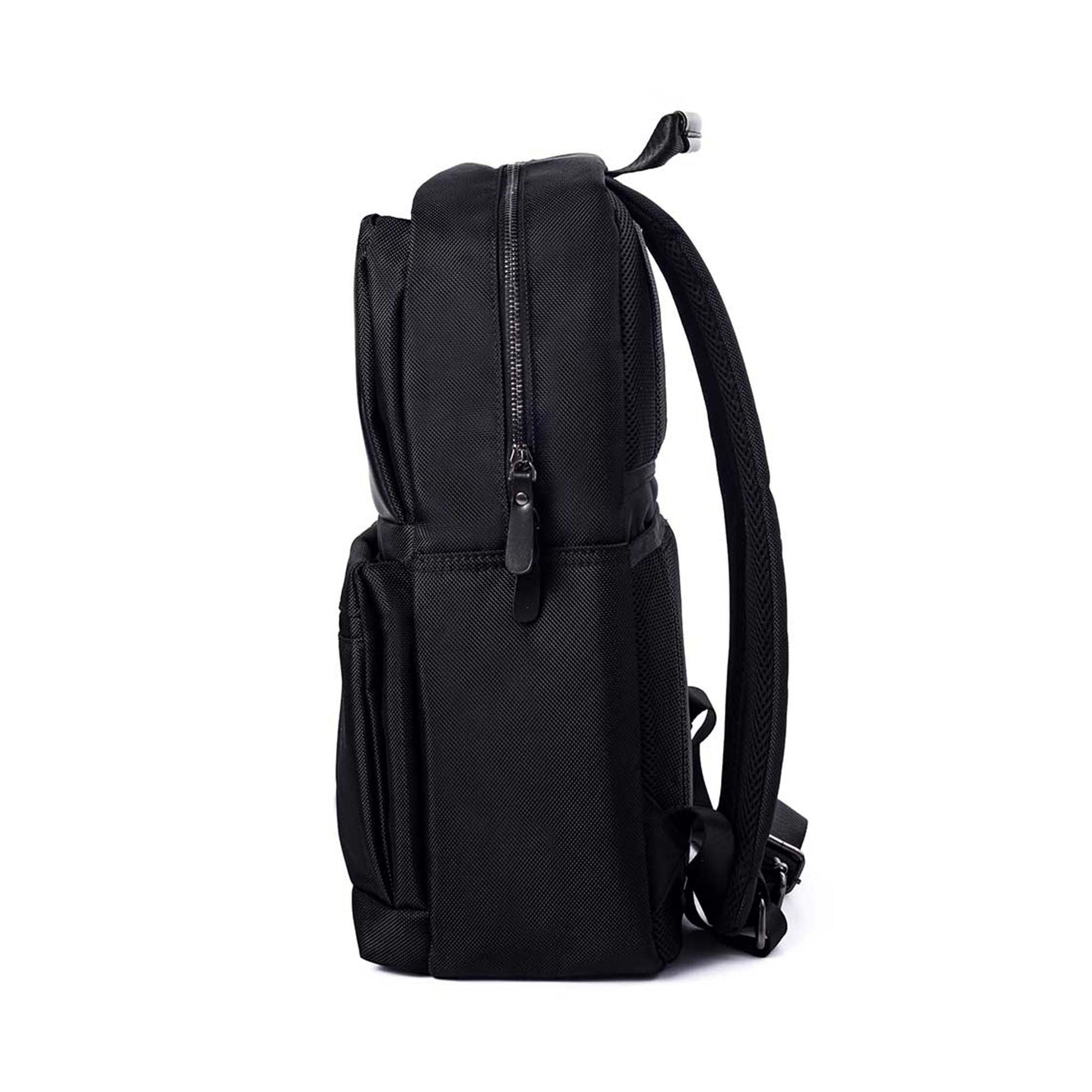 Left side view of Timus Oslo black professional laptop backpack showing padded straps, zippered compartments, and sleek minimalist side design.