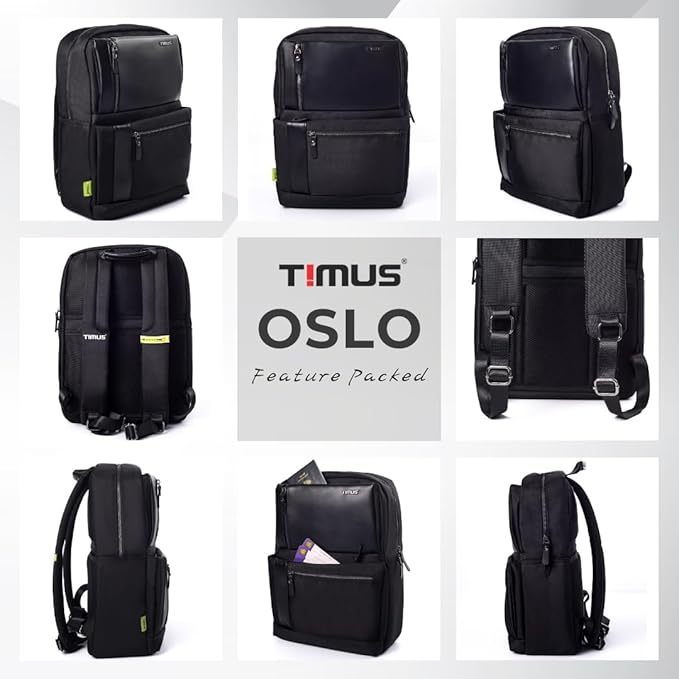 Multi-angle collage of Timus Oslo black professional laptop backpack showing front, side, back, strap details, and Timus brand logo.