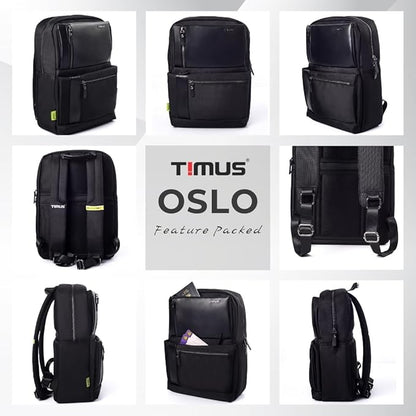 Multi-angle collage of Timus Oslo black professional laptop backpack showing front, side, back, strap details, and Timus brand logo.
