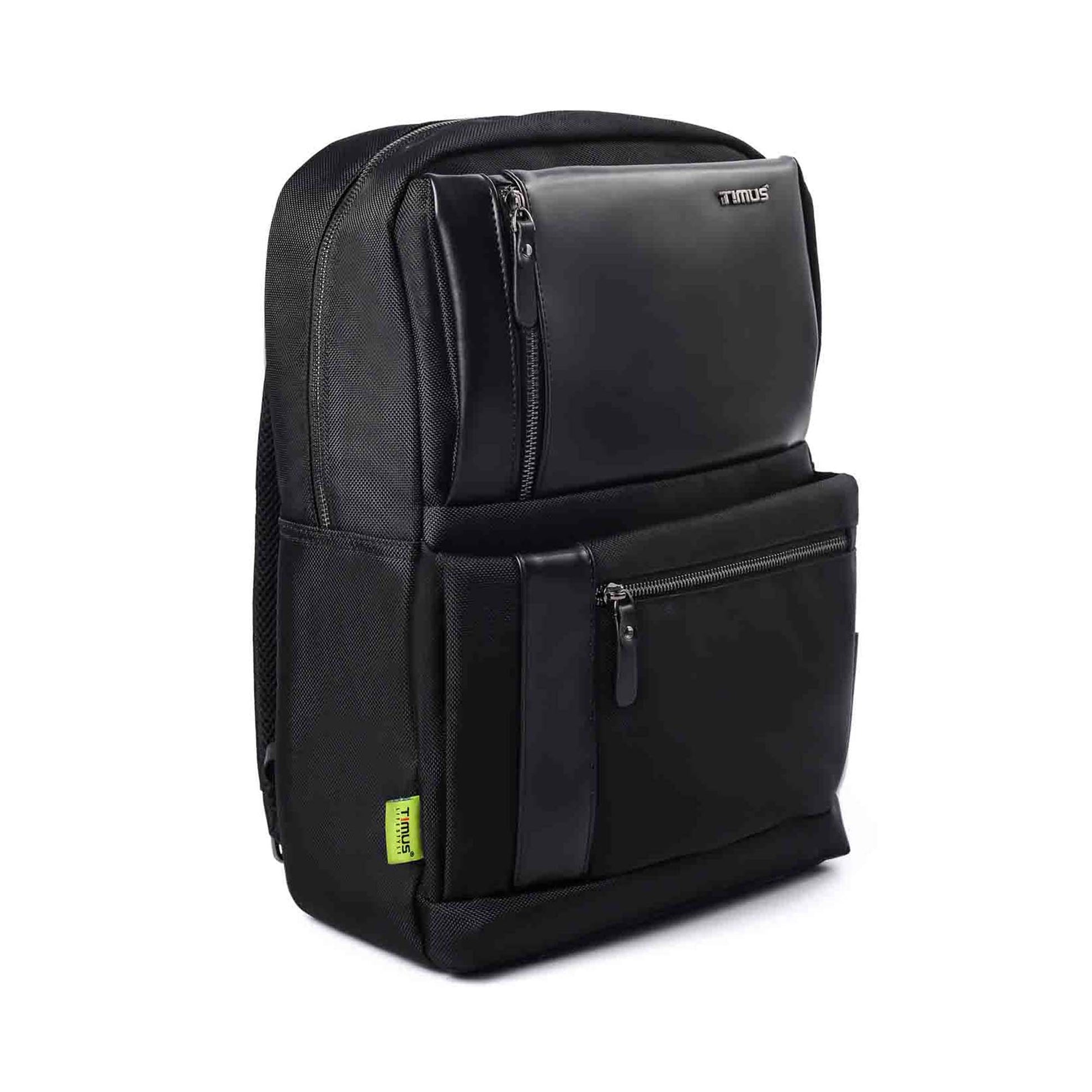 Right Side angle view of Timus Oslo black professional laptop backpack with multiple front compartments and visible Timus branding on front and side label.