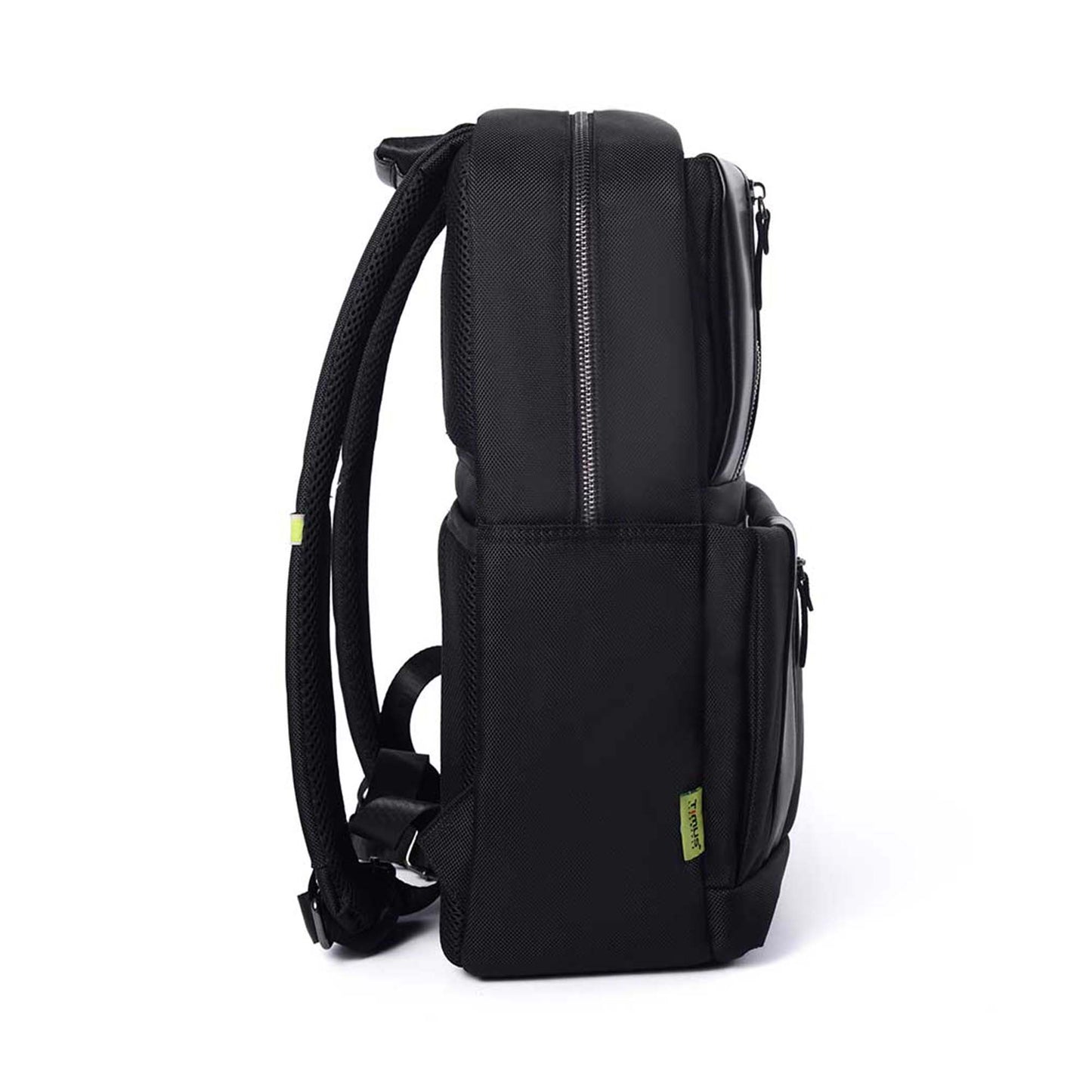 Right side view of Timus Oslo black professional laptop backpack showing depth, shoulder straps, and visible green Timus label on side pocket.