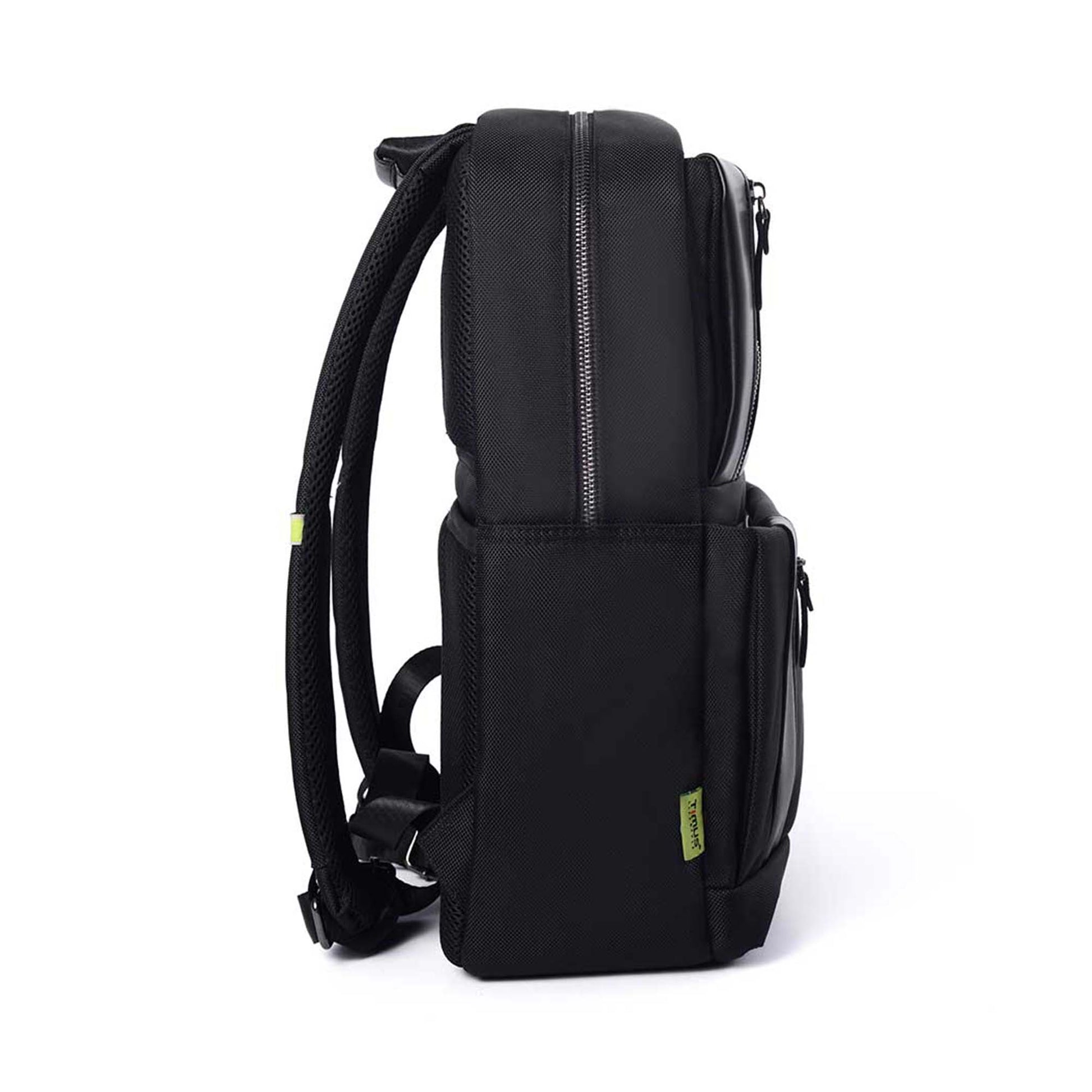 Right side view of Timus Oslo black professional laptop backpack showing depth, shoulder straps, and visible green Timus label on side pocket.
