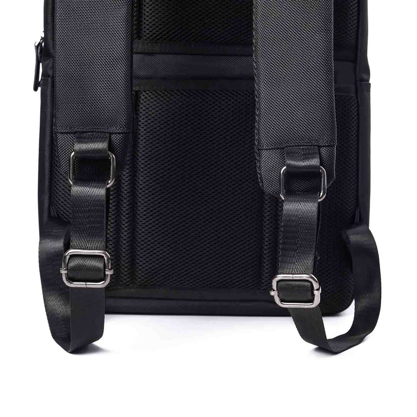Close-up view of Timus Oslo black professional laptop backpack showing adjustable padded shoulder straps, metal buckles, and breathable mesh back panel texture.