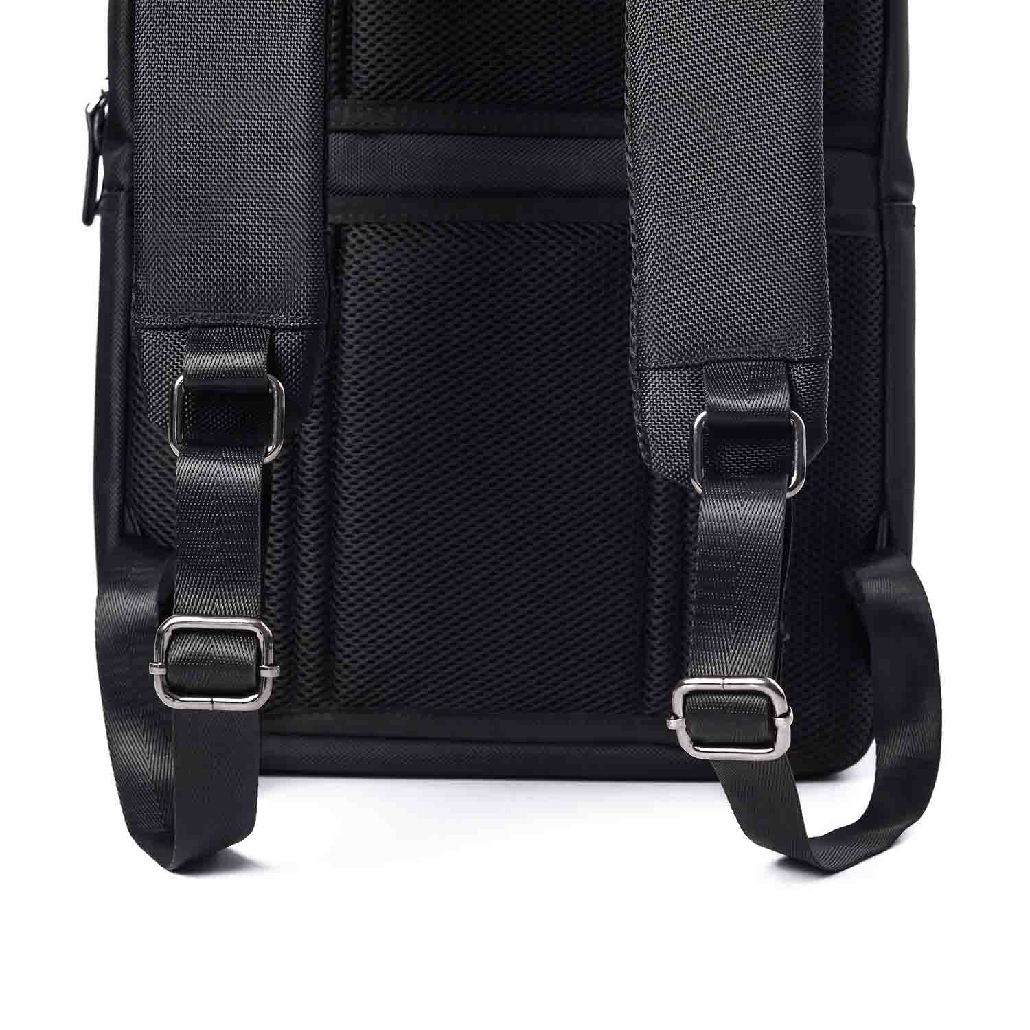 Close-up view of Timus Oslo black professional laptop backpack showing adjustable padded shoulder straps, metal buckles, and breathable mesh back panel texture.