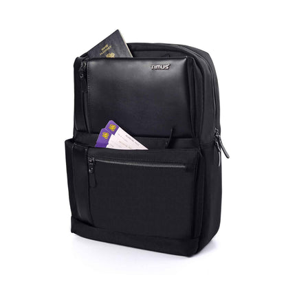 Left front angled view of Timus Oslo black professional laptop backpack with zip compartments, travel documents in outer pocket, and visible Timus logo on the front