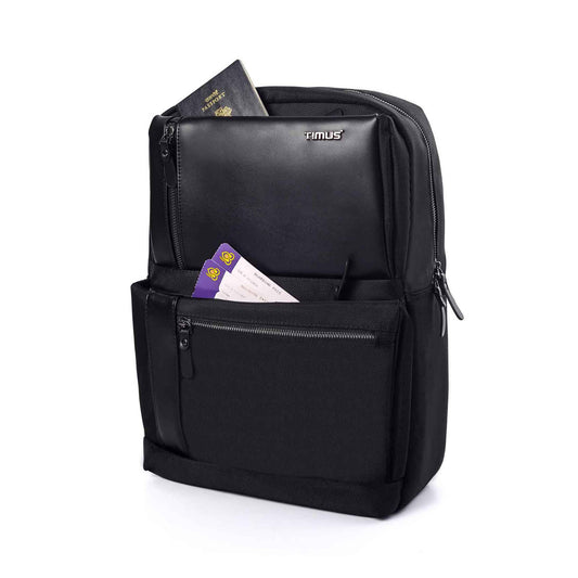 Left front angled view of Timus Oslo black professional laptop backpack with zip compartments, travel documents in outer pocket, and visible Timus logo on the front