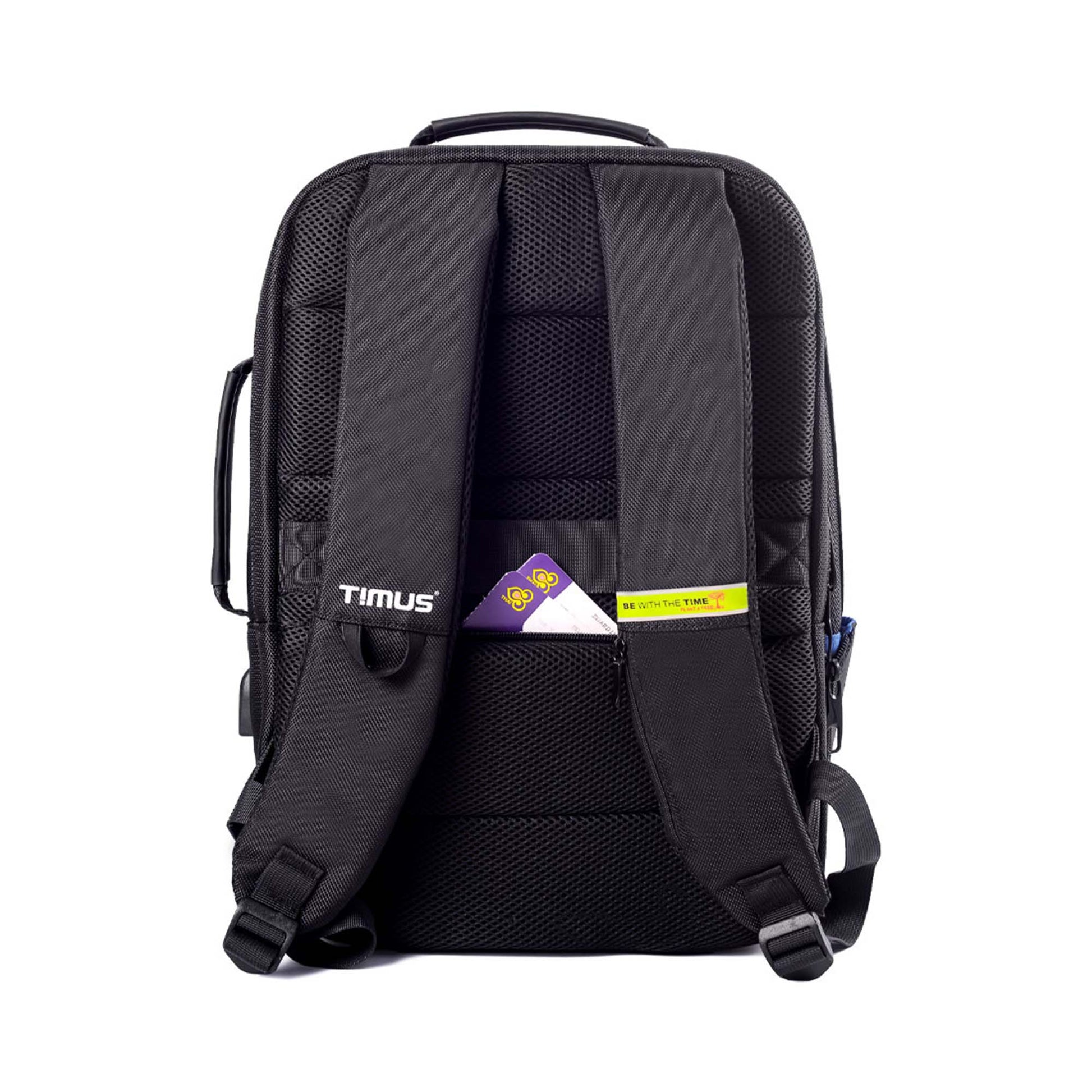Back view of Paris laptop backpack showing padded shoulder straps, breathable mesh back panel, and hidden zipper pocket.