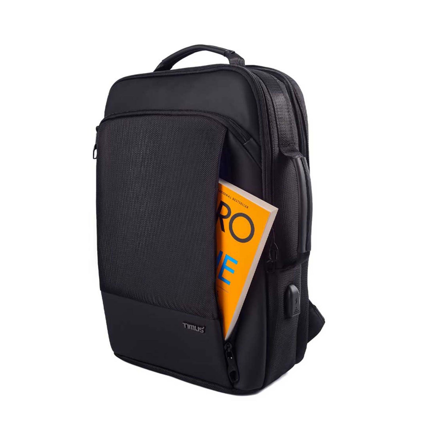 Front pocket of Paris laptop backpack partially unzipped with a book inside showing storage capacity.