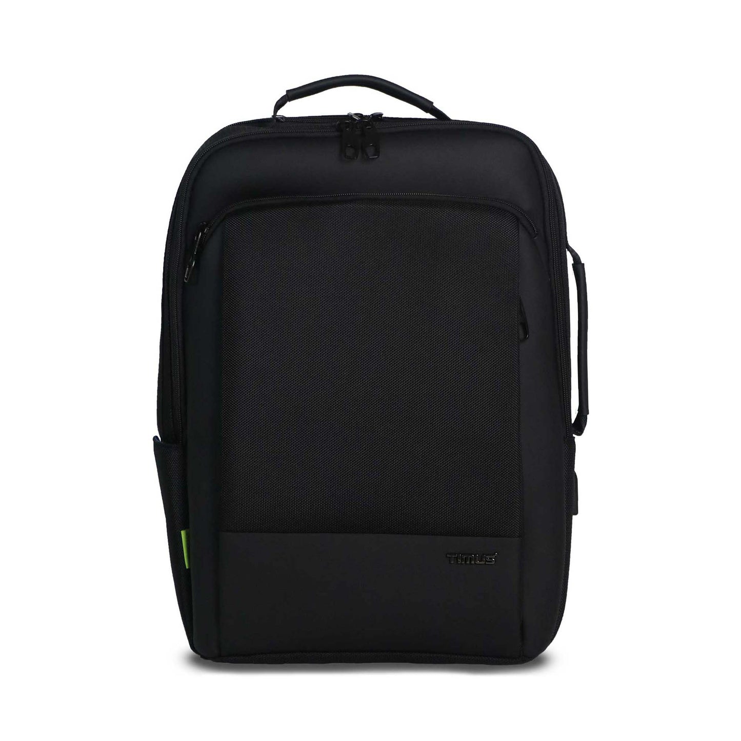 Paris laptop backpack front view showing padded top and side handle, front zipper pocket, and sleek black finish with Timus logo.