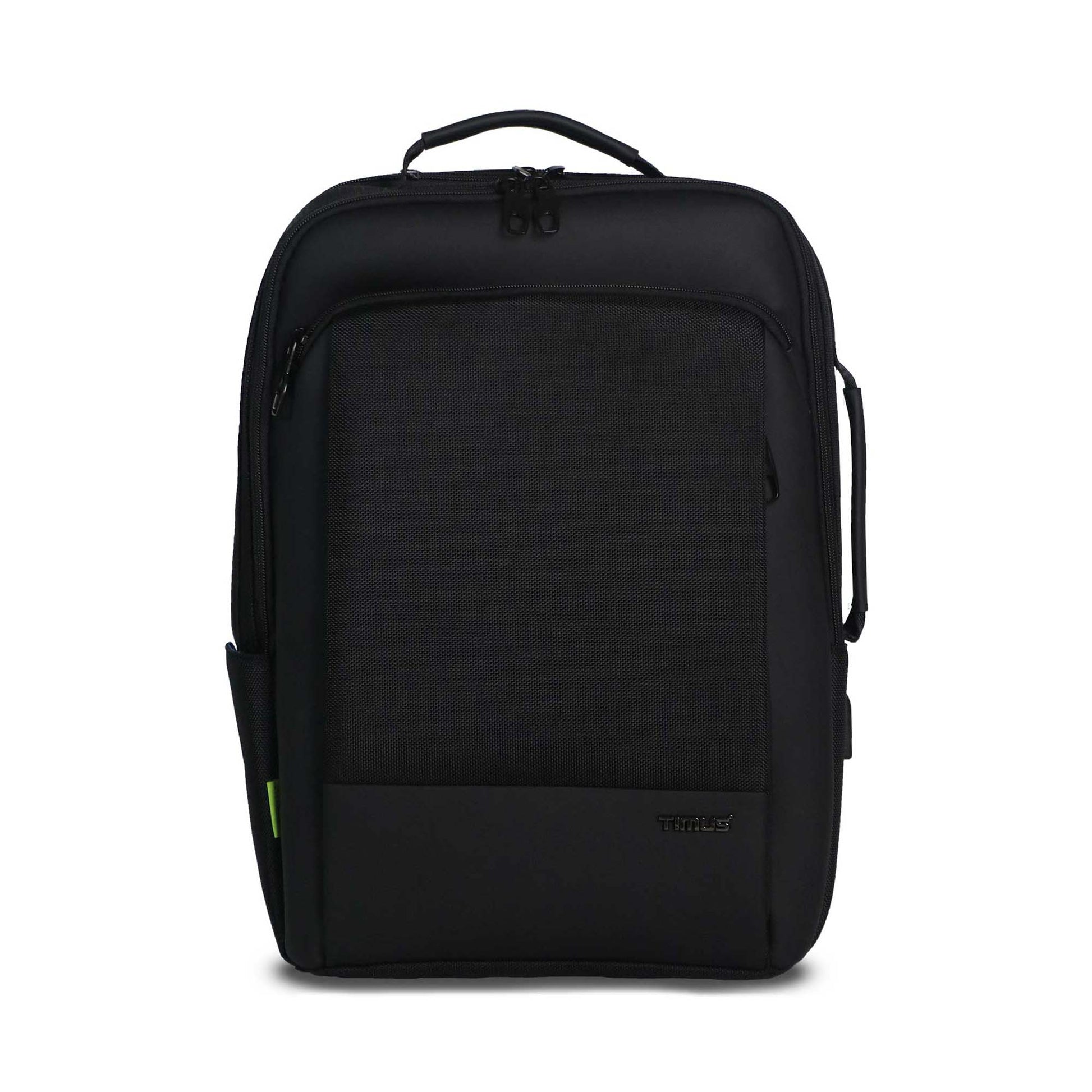 Paris laptop backpack front view showing padded top and side handle, front zipper pocket, and sleek black finish with Timus logo.