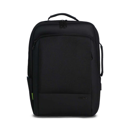 Paris laptop backpack front view showing padded top and side handle, front zipper pocket, and sleek black finish with Timus logo.