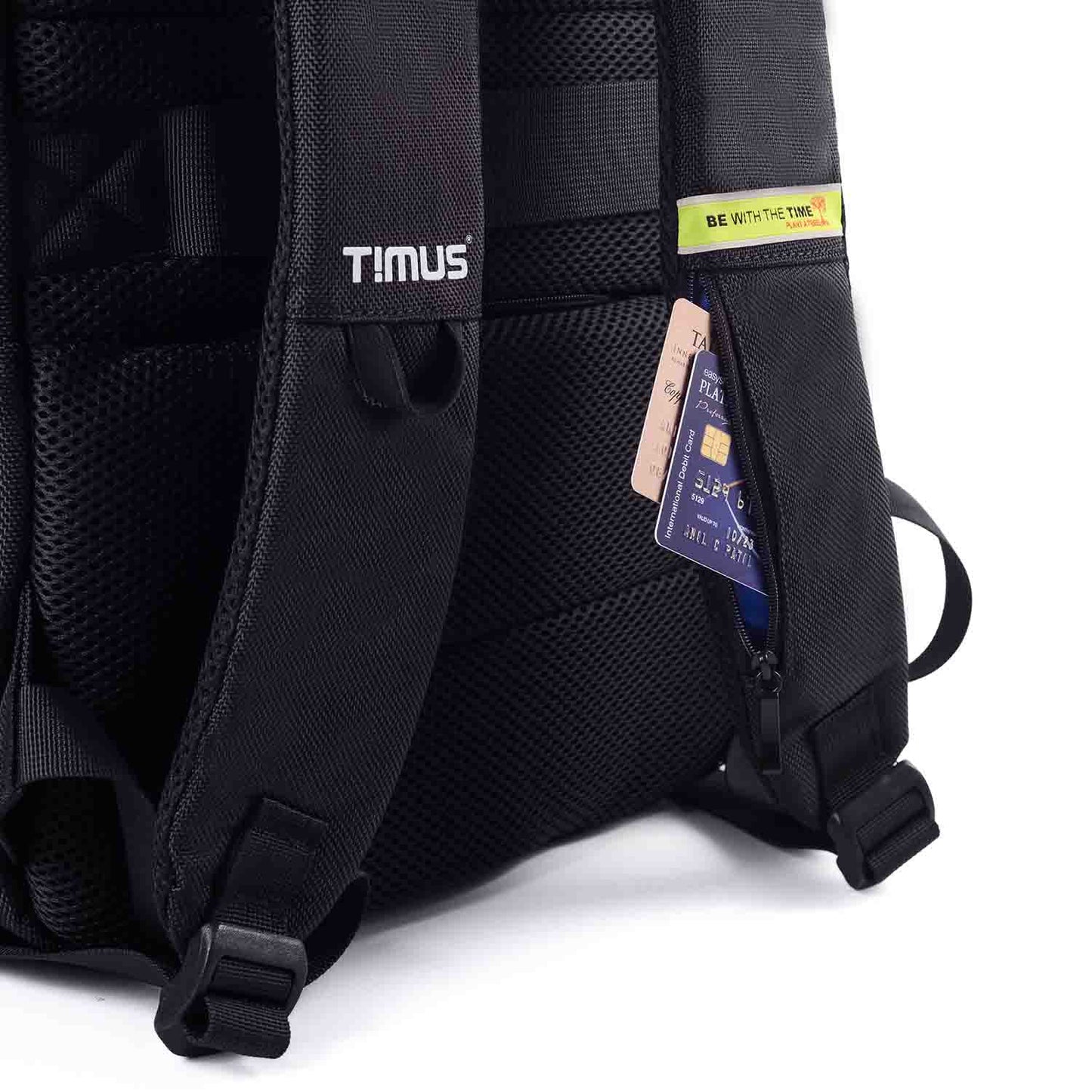 Close-up of hidden zipper pocket on the back strap of Paris laptop backpack holding travel cards and credit cards.