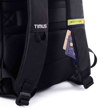 Close-up of hidden zipper pocket on the back strap of Paris laptop backpack holding travel cards and credit cards.