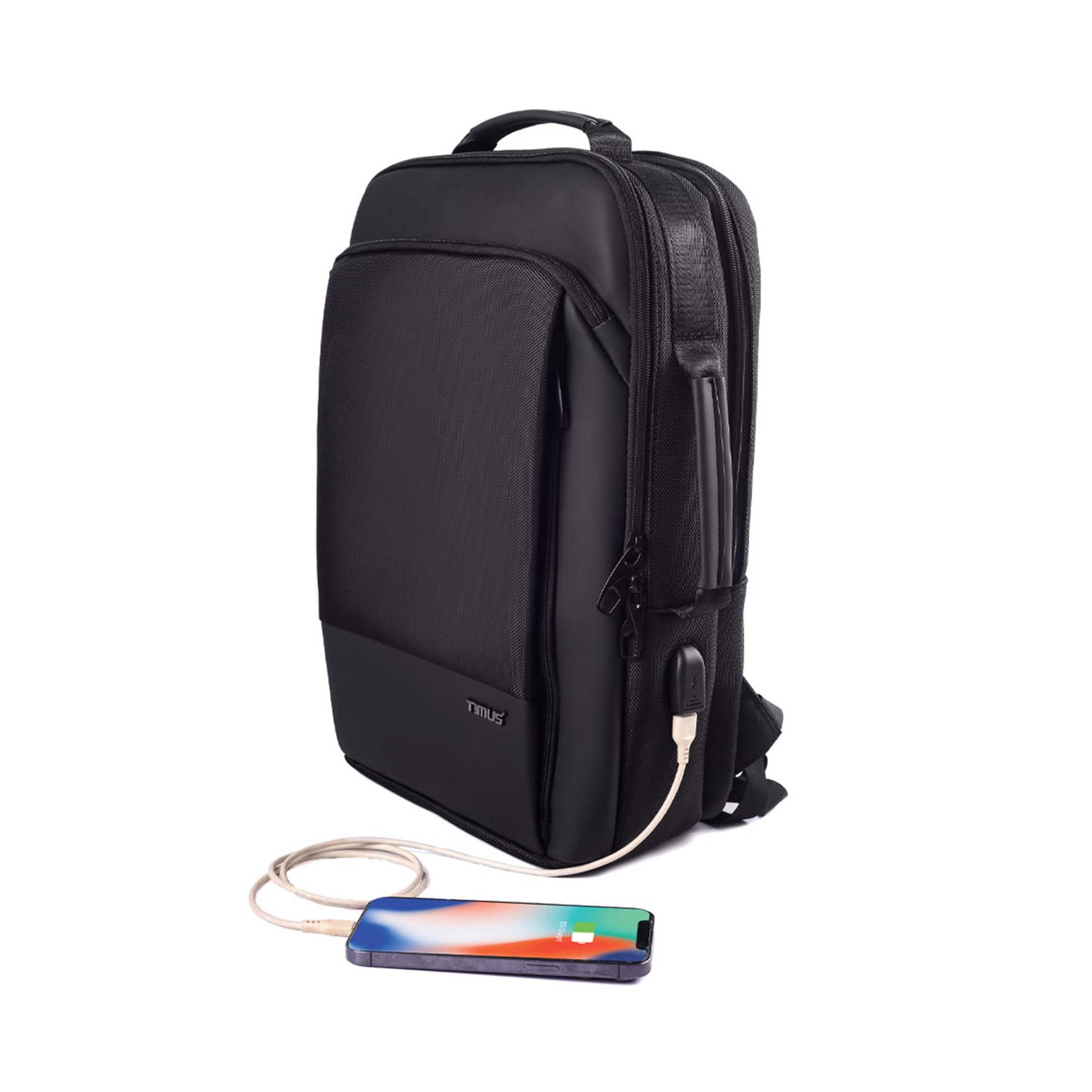 Front-left angled view of the black Paris laptop backpack by Timus, featuring a textured front panel with a zippered vertical pocket, a side USB charging port with a phone connected via cable, and a top & side  carry handle.