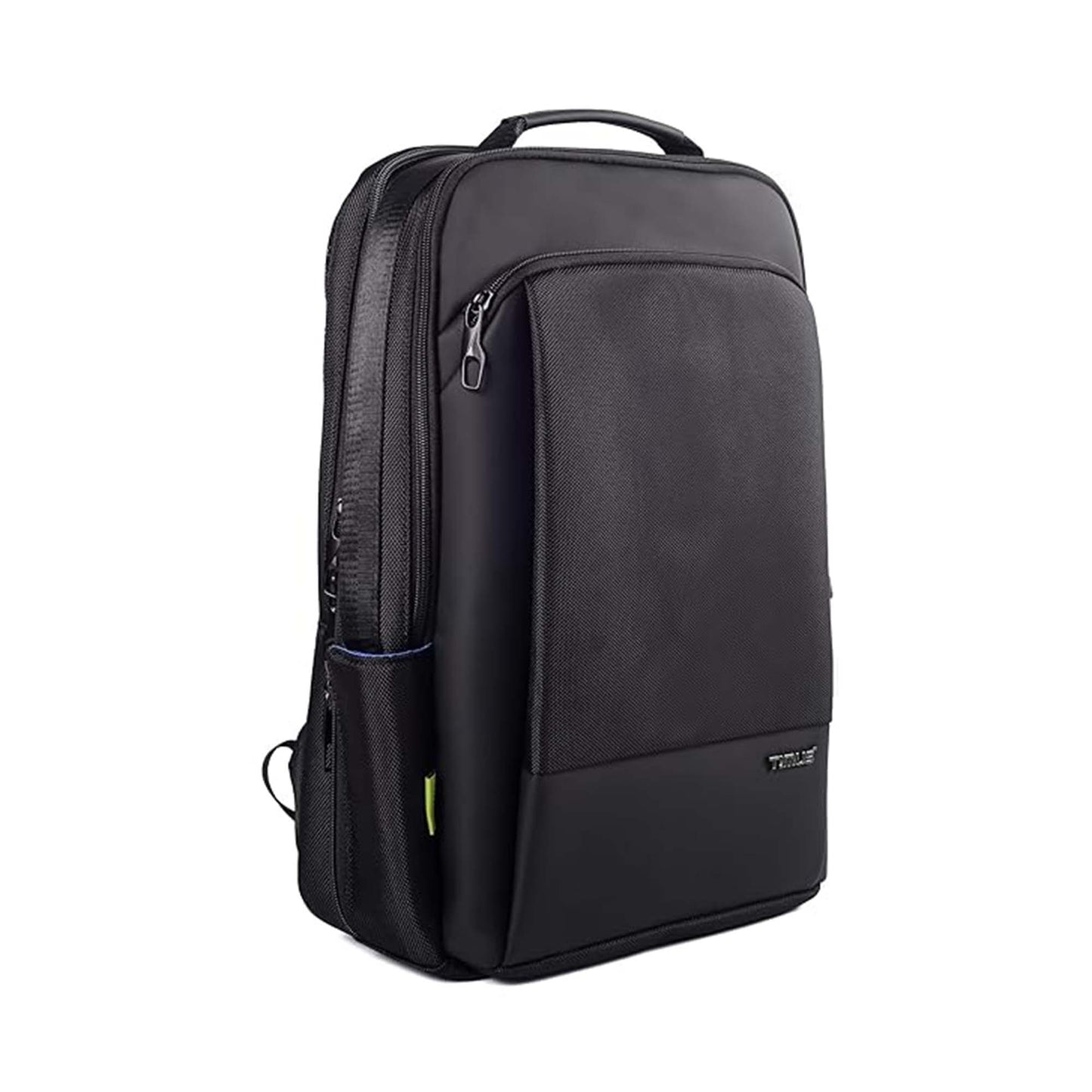 Paris laptop backpack right front angled view showing padded top handle, front zipper pocket, and mesh side bottle holder.