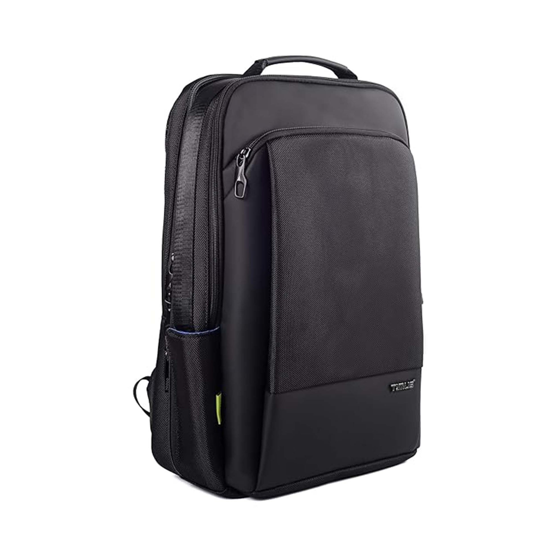 Paris laptop backpack right front angled view showing padded top handle, front zipper pocket, and mesh side bottle holder.