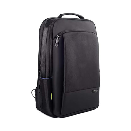 Paris laptop backpack right front angled view showing padded top handle, front zipper pocket, and mesh side bottle holder.