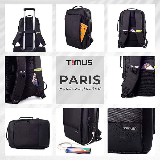 Collage showcasing Timus Paris laptop backpack features including water resistance, USB charging port, trolley sleeve, RFID-protected strap pocket, and sleek design.