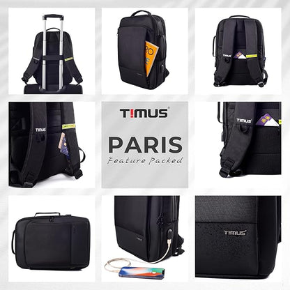 Collage showcasing Timus Paris laptop backpack features including water resistance, USB charging port, trolley sleeve, RFID-protected strap pocket, and sleek design.