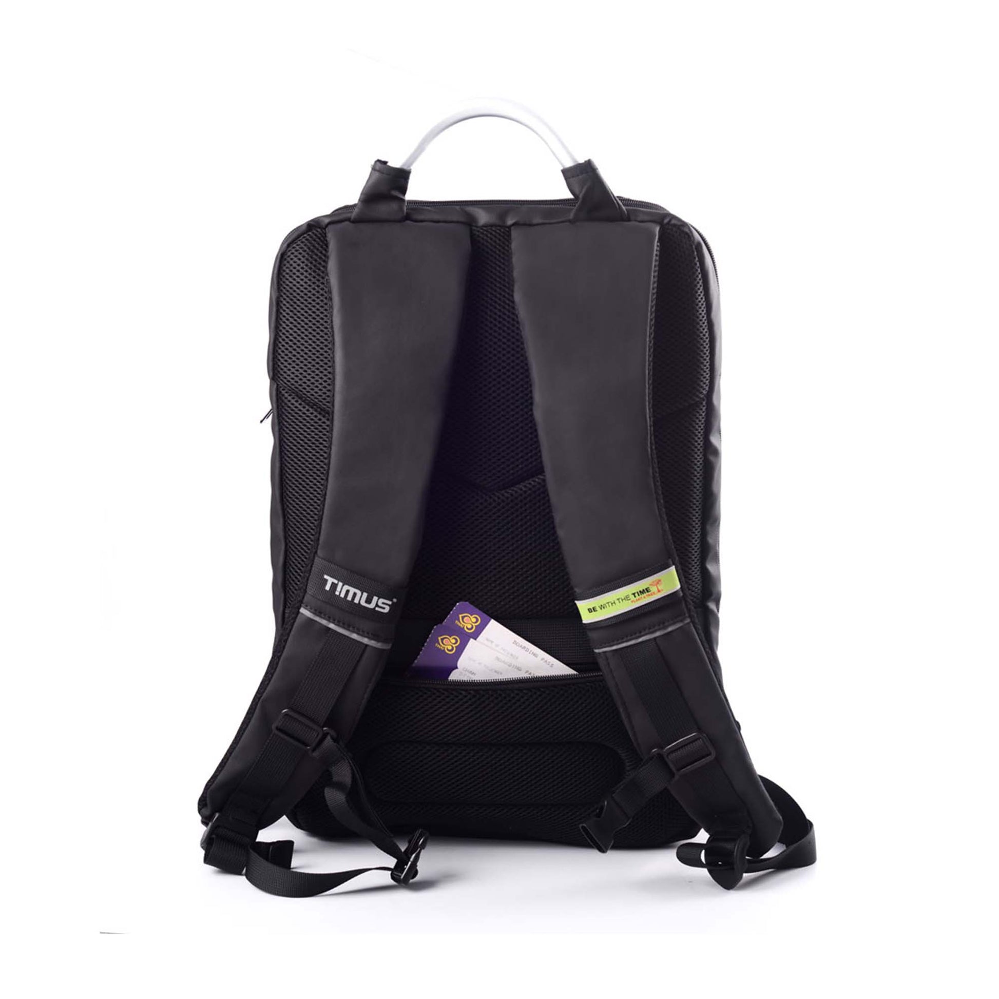 Backside view of the black Timus Seattle laptop backpack showing padded adjustable shoulder straps with the Timus logo and branding, a metal handle on top, breathable mesh back panel, and a small ticket partially tucked into a back pocket.
