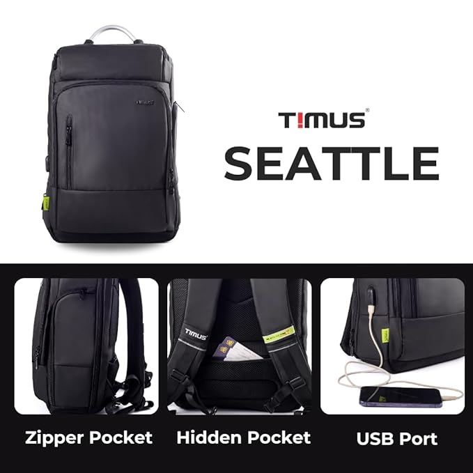 Timus Seattle backpack front view with metal handle, black color. Below, three close-up views highlighting the zipper pocket on the side, hidden pocket on the back straps, and USB charging port with cable connected to a smartphone.