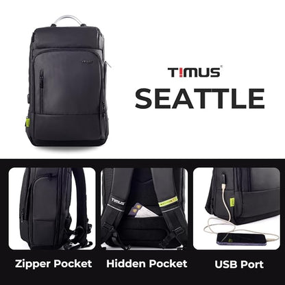 Timus Seattle backpack front view with metal handle, black color. Below, three close-up views highlighting the zipper pocket on the side, hidden pocket on the back straps, and USB charging port with cable connected to a smartphone.