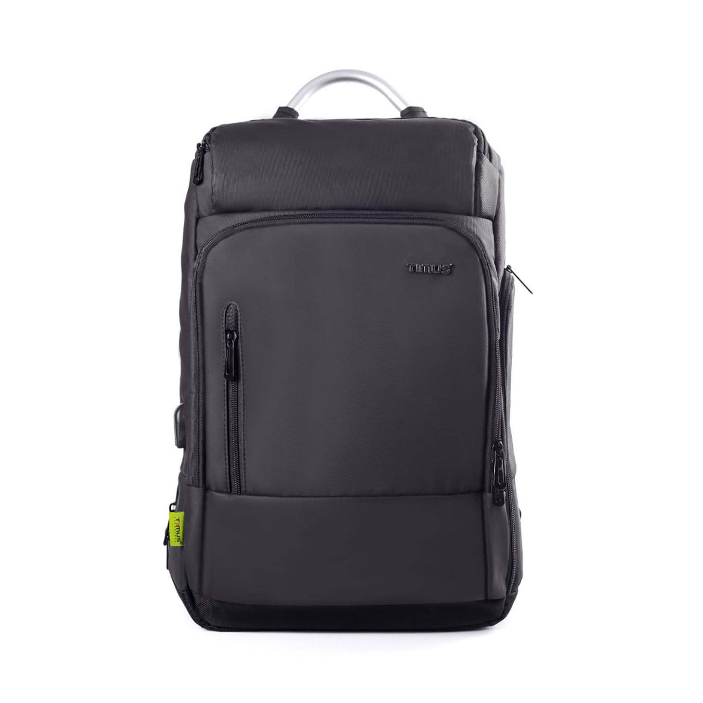 Front view of a black Timus Seattle laptop backpack featuring a sleek design, a vertical zippered pocket on the left, a larger zippered main compartment, and a metallic handle on top. The backpack also has a small green Timus tag on the lower left side.