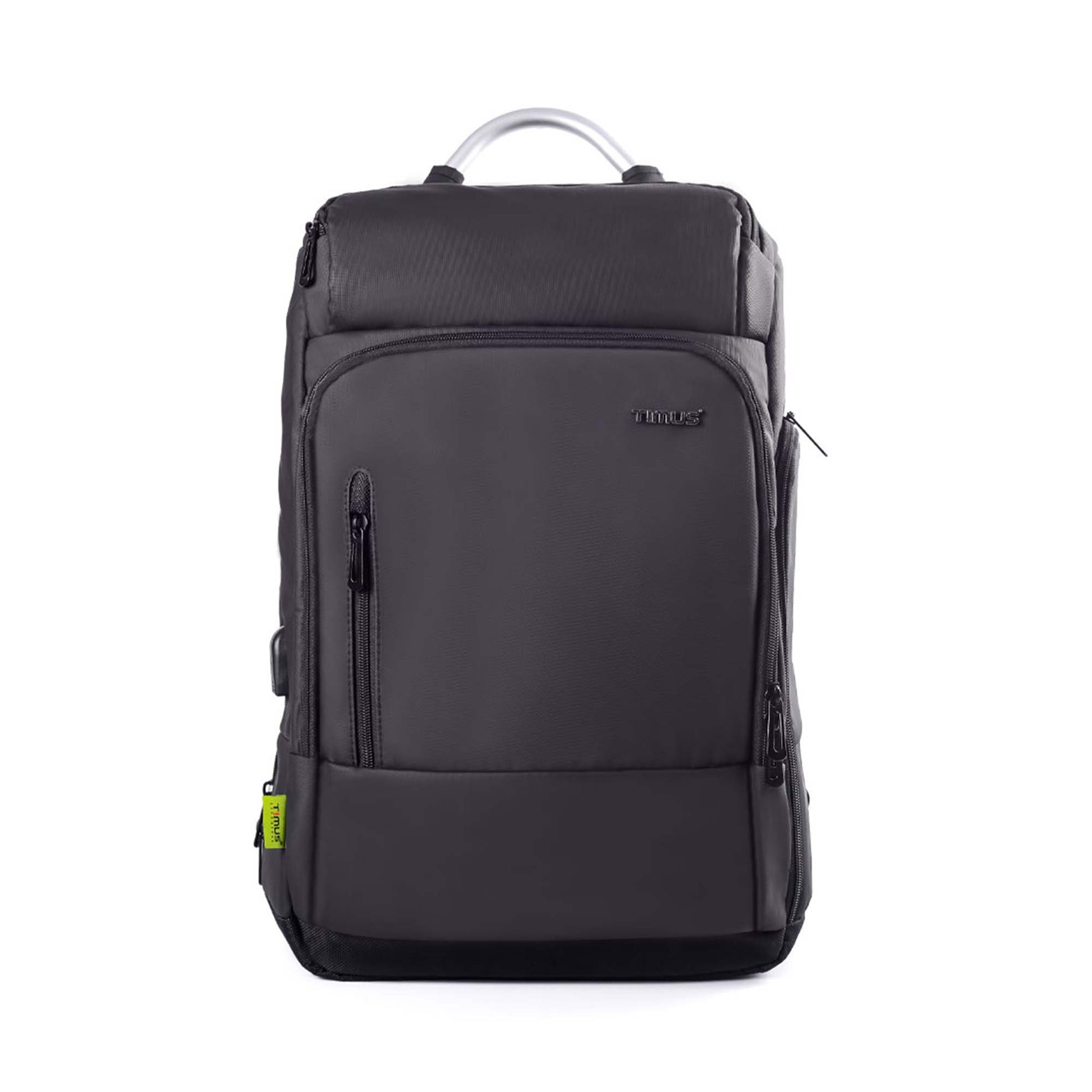Front view of a black Timus Seattle laptop backpack featuring a sleek design, a vertical zippered pocket on the left, a larger zippered main compartment, and a metallic handle on top. The backpack also has a small green Timus tag on the lower left side.