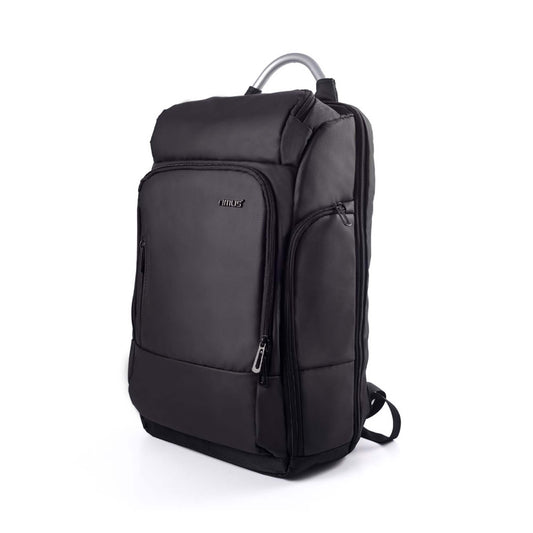 Black Timus Seattle laptop backpack with metal handle and side zippered pocket, shown in left front angled view, featuring spacious compartments and durable design for professional use.