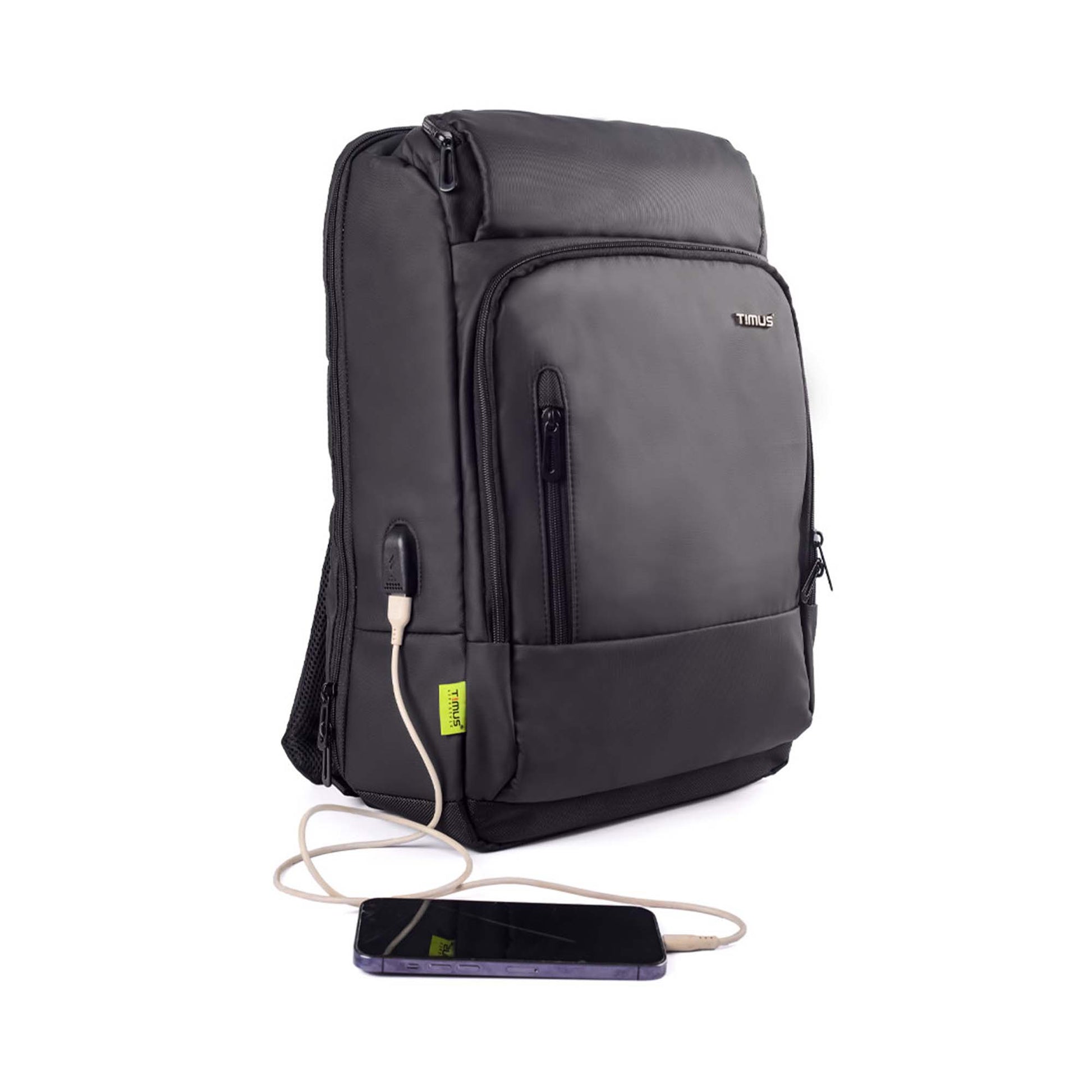 Right side view of a black Timus Seattle laptop backpack with a sleek design, featuring zippered pockets and an external USB charging port connected to a smartphone via a charging cable.
