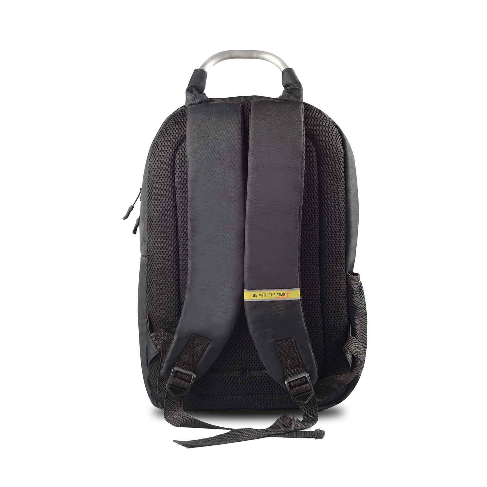 Timus Spain casual backpack back view showing padded shoulder straps and breathable mesh back panel, black color with yellow branding tag.