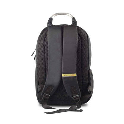 Timus Spain casual backpack back view showing padded shoulder straps and breathable mesh back panel, black color with yellow branding tag.