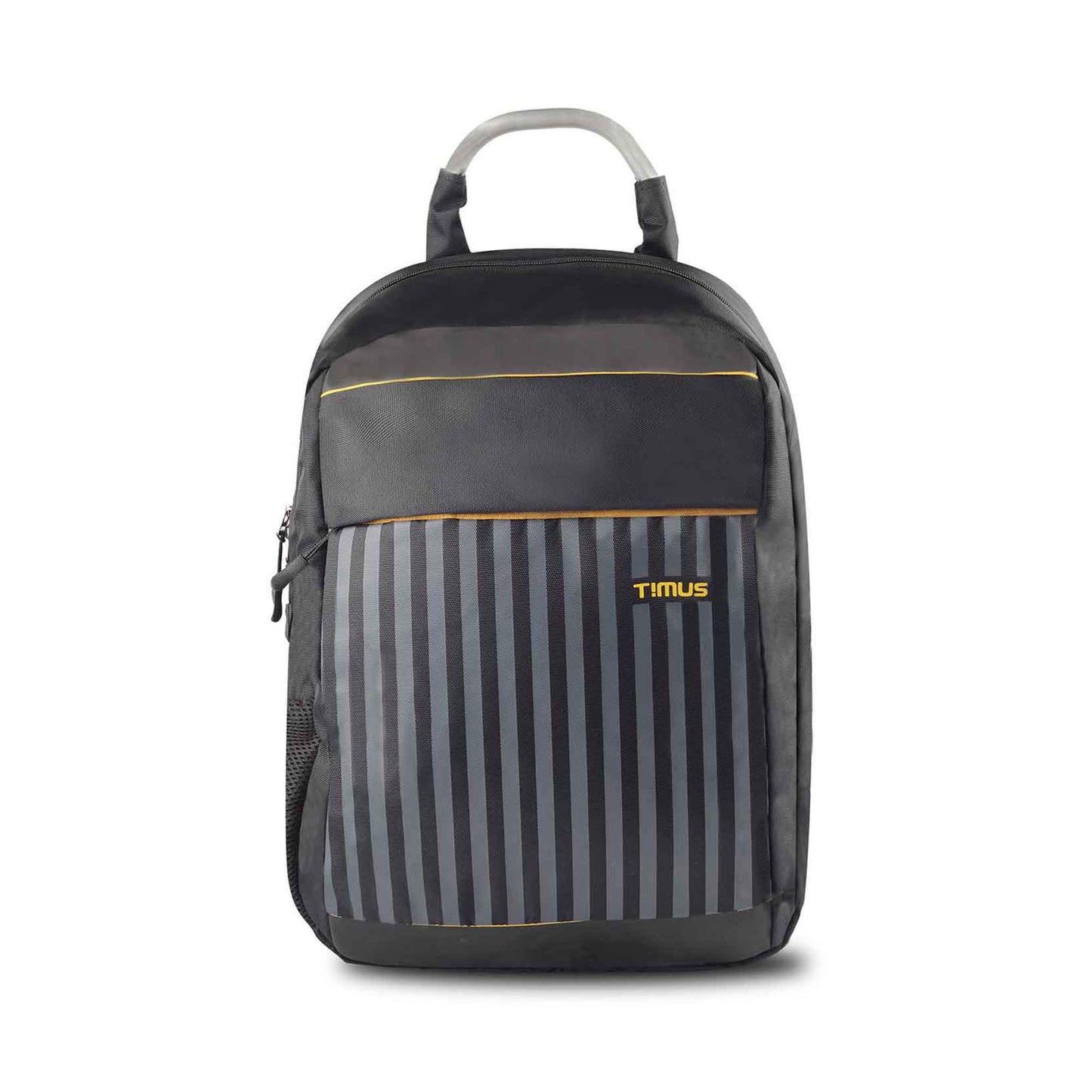 Timus Spain casual backpack in black with vertical gray stripes and orange accents, timus brand logo, shown from the front view with metallic top handle.