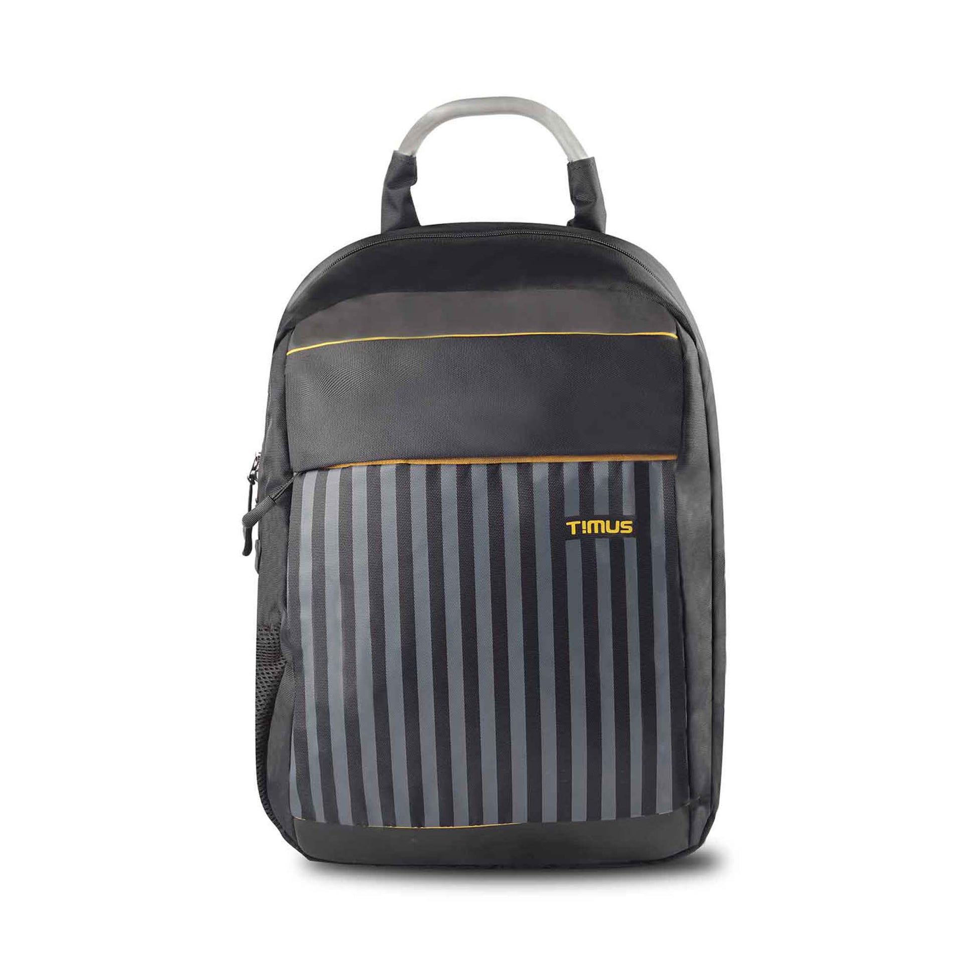Timus Spain casual backpack in black with vertical gray stripes and orange accents, timus brand logo, shown from the front view with metallic top handle.