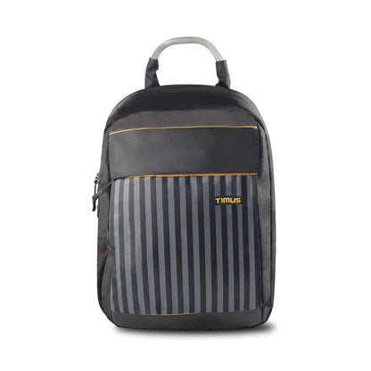 Timus Spain casual backpack in black with vertical gray stripes and orange accents, timus brand logo, shown from the front view with metallic top handle.