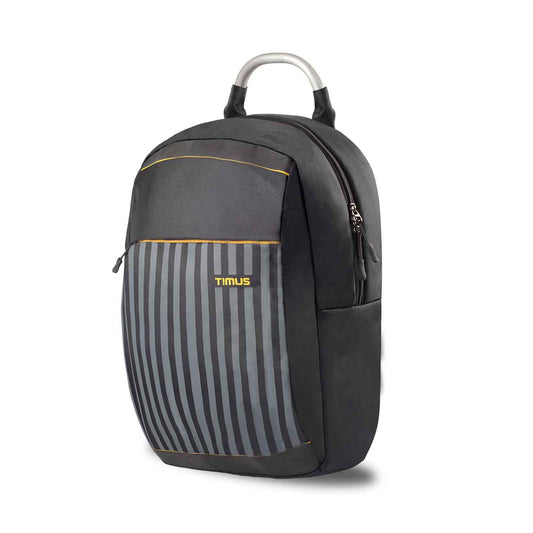 Timus Spain casual backpack in black with vertical gray stripes and orange accents, shown in left front angled view with metallic top handle.