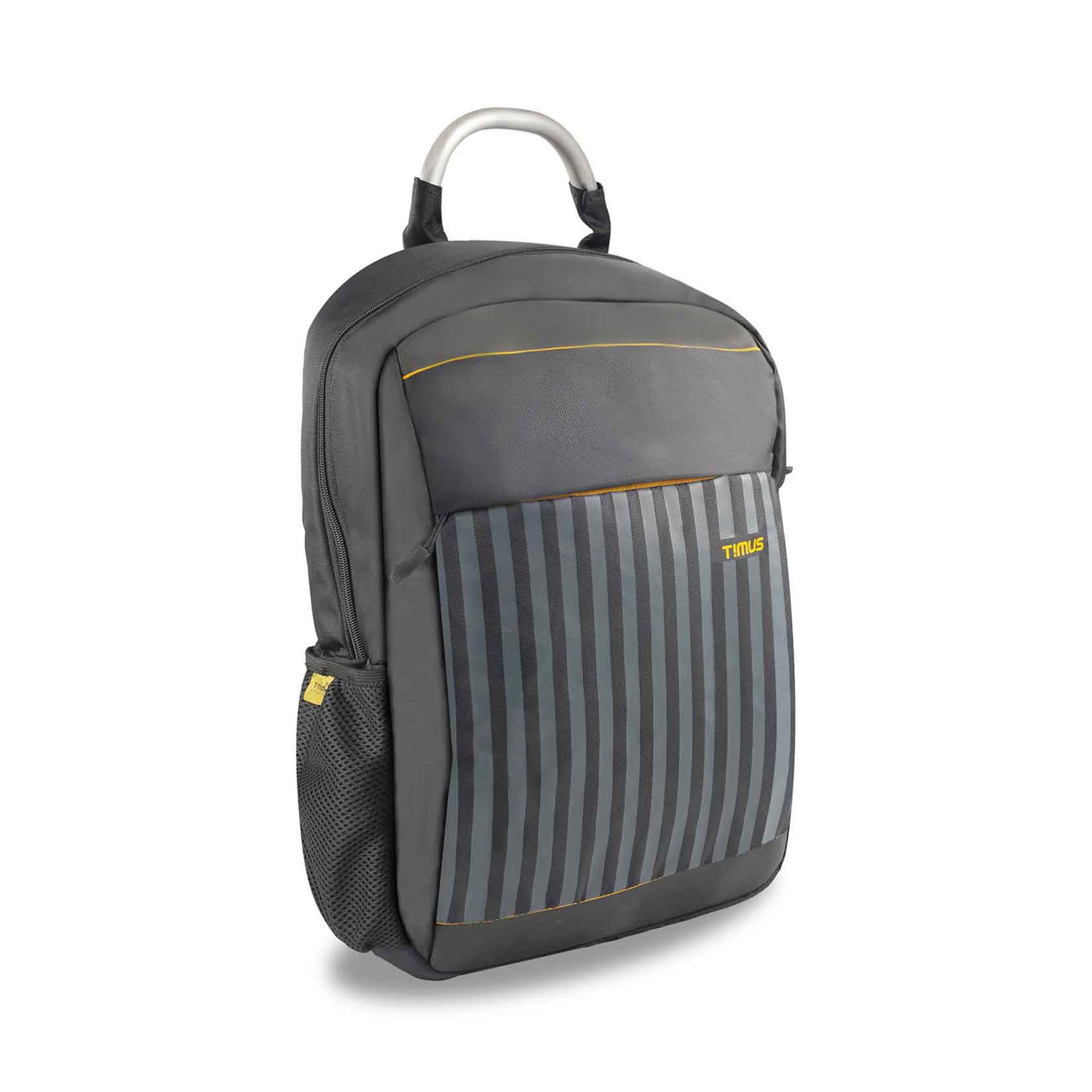 Timus Spain casual backpack in black with vertical gray stripes and orange accents, shown from the right front side with mesh side pocket and metallic top handle.